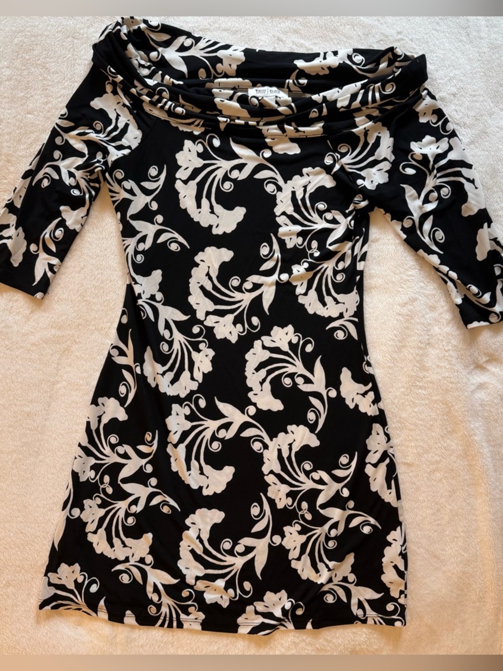 WHBM Black White Floral Dress XS 3/4 Sleeve Mini Stretch Career Chic - Picture 9 of 12